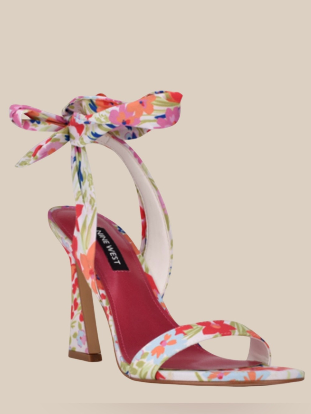 Nine West Kelsie Ankle Tie Wrap Sandals Floral Multi Color Sculpted Flare Heel 8